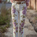 Vintage Purple Roses Embroidered White Skinny Jeans