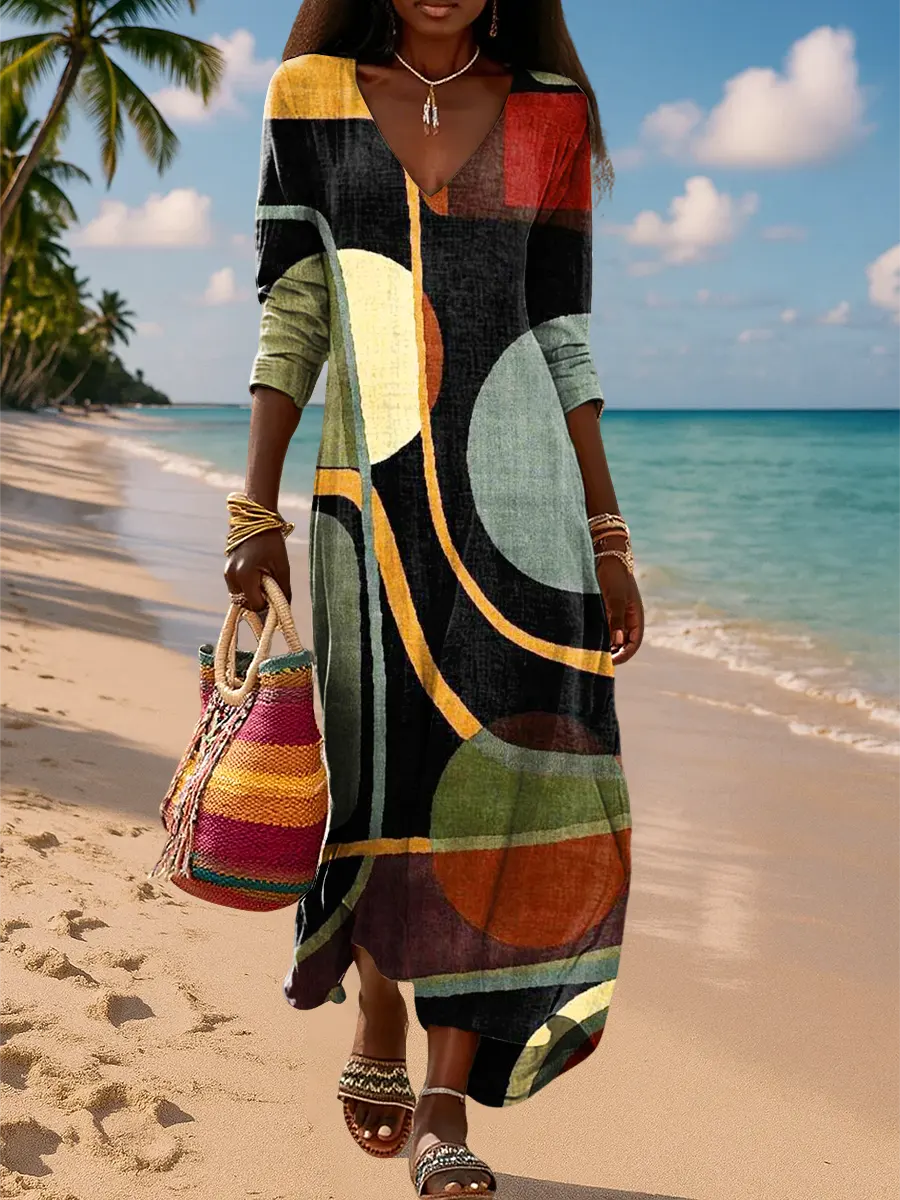 Retro Abstract Geometric Art Print V-neck Pocket Cotton Dress