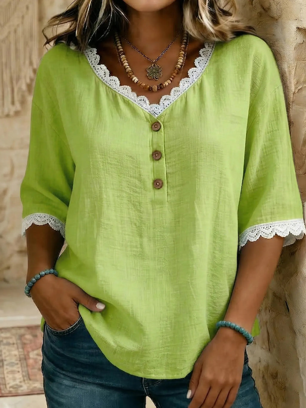 Casual & Cozy Lace-paneled Cotton-linen Shirt