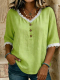 Casual & Cozy Lace-paneled Cotton-linen Shirt