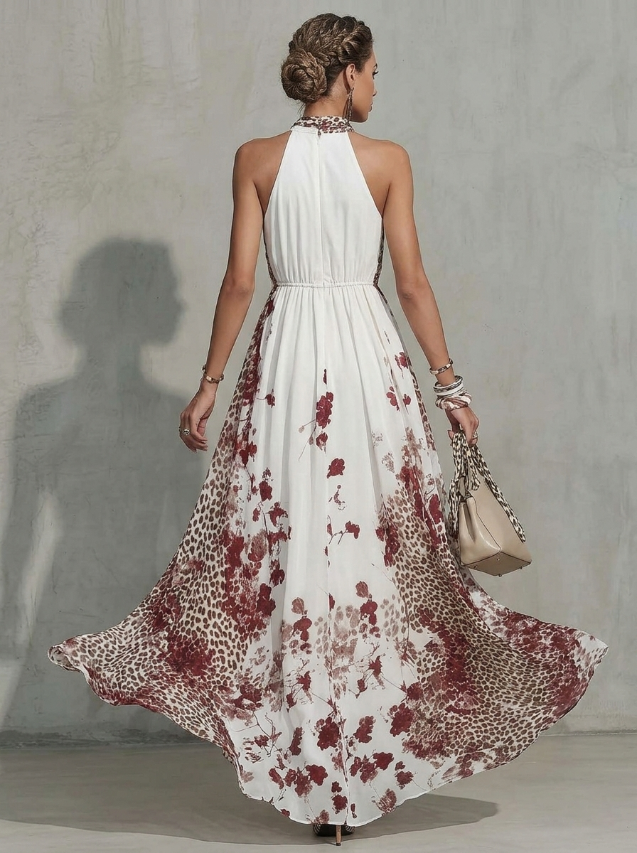 White Floral And Leopard Print Chiffon Halter Maxi Dress