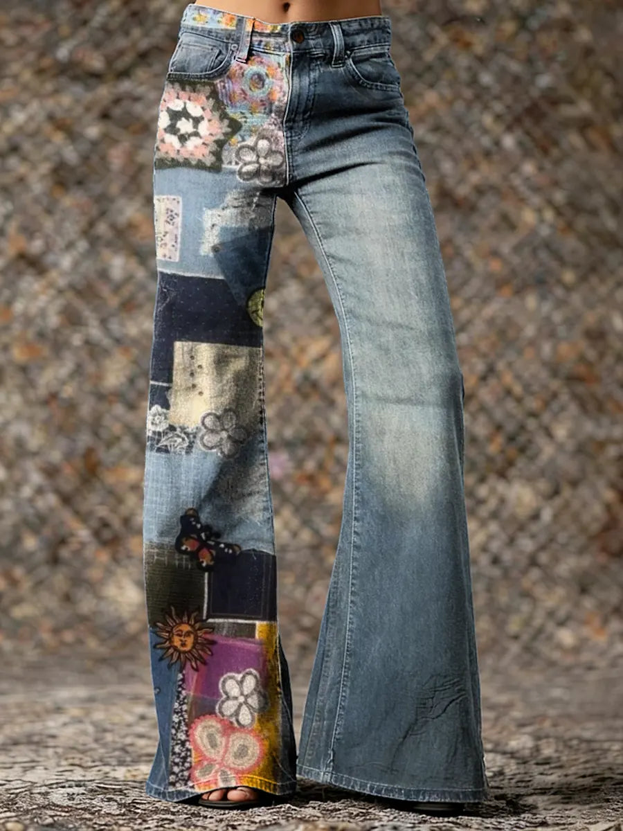 Ethnicity Patchwork Flowers Sun Women's Print Casual Wide Leg Pants