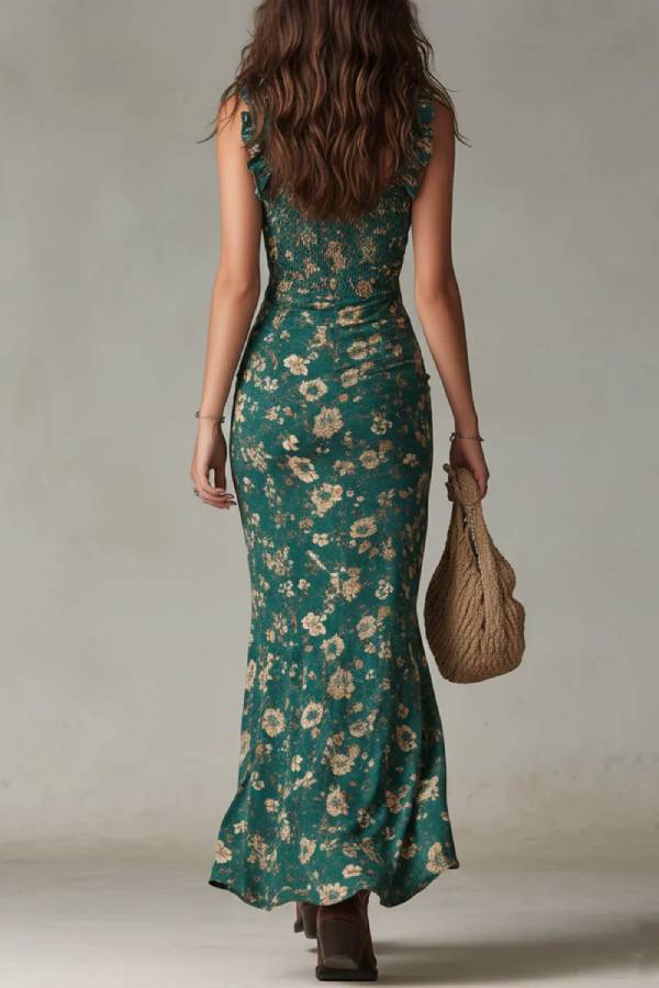 Bohemian Green Printed Maxi Dress with Ruffled Sleeves