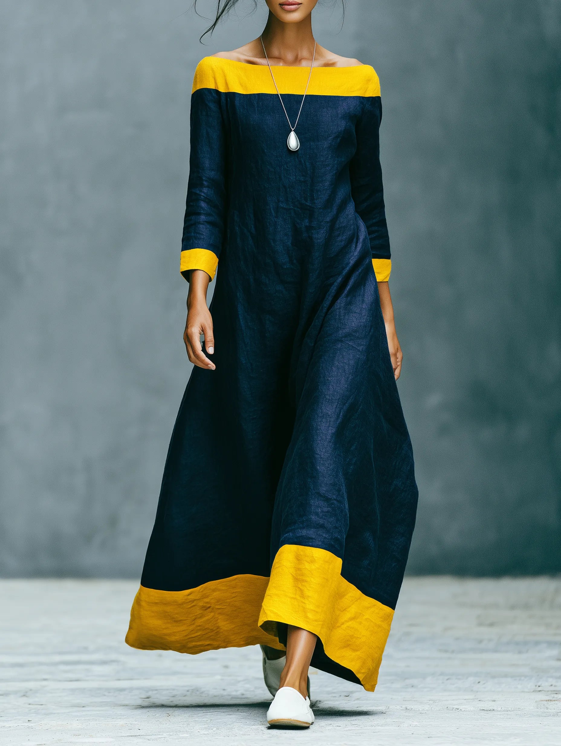 Women's Minimalist Color-Block Linen-Blend Maxi Dress With Crew Neck And Three-Quarter Sleeves MDZ0992G2WY