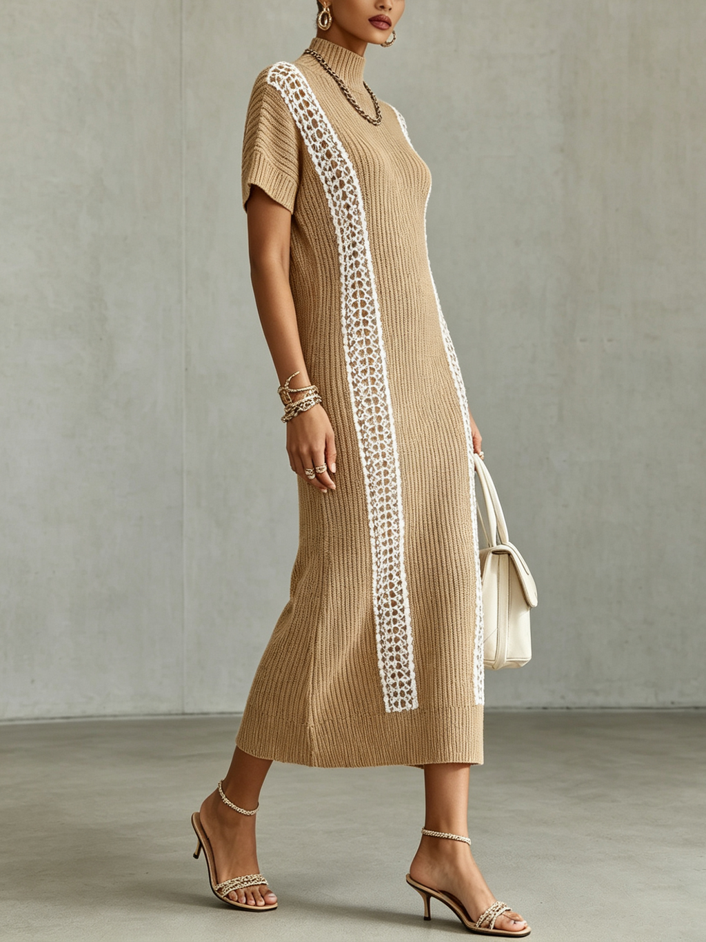 Khaki Ribbed Knit Maxi Dress With Contrast Lace Patchwork