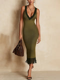 Olive Green Knit Midi Dress With Deep V-Neck And Fringe Hem