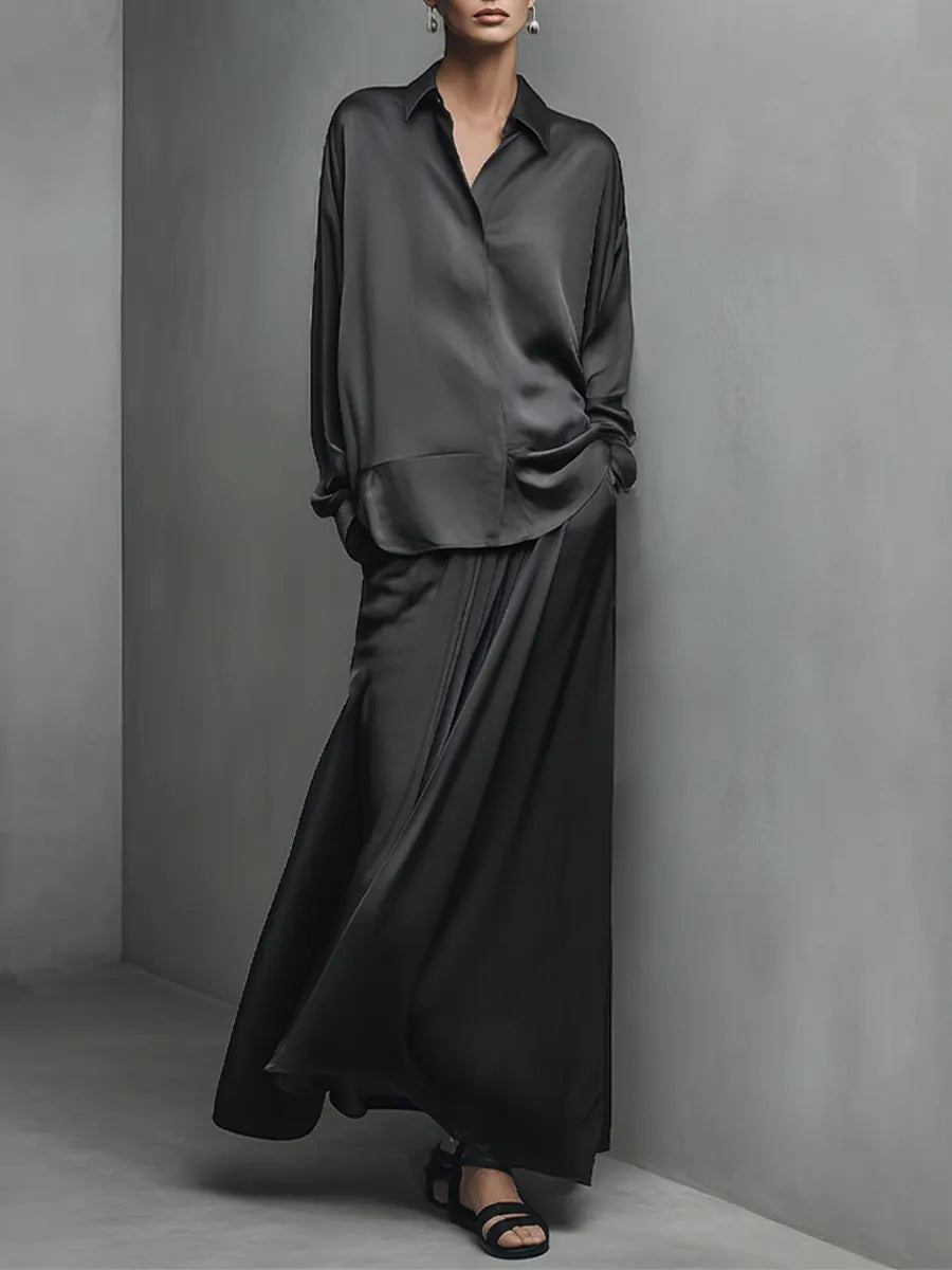 Women's Black Glossy Satin Matching Outfit With Turn Down Collar Shirt & Wide Swing Maxi Skirt, Versatile Evening Vacation Two-Piece Set MDZ1375G3LYL