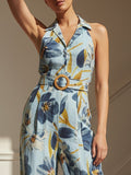 Linen Tanks, Sleeveless, Lapel Collar, Floral, Button Design, Vacation, Vintage, Blue