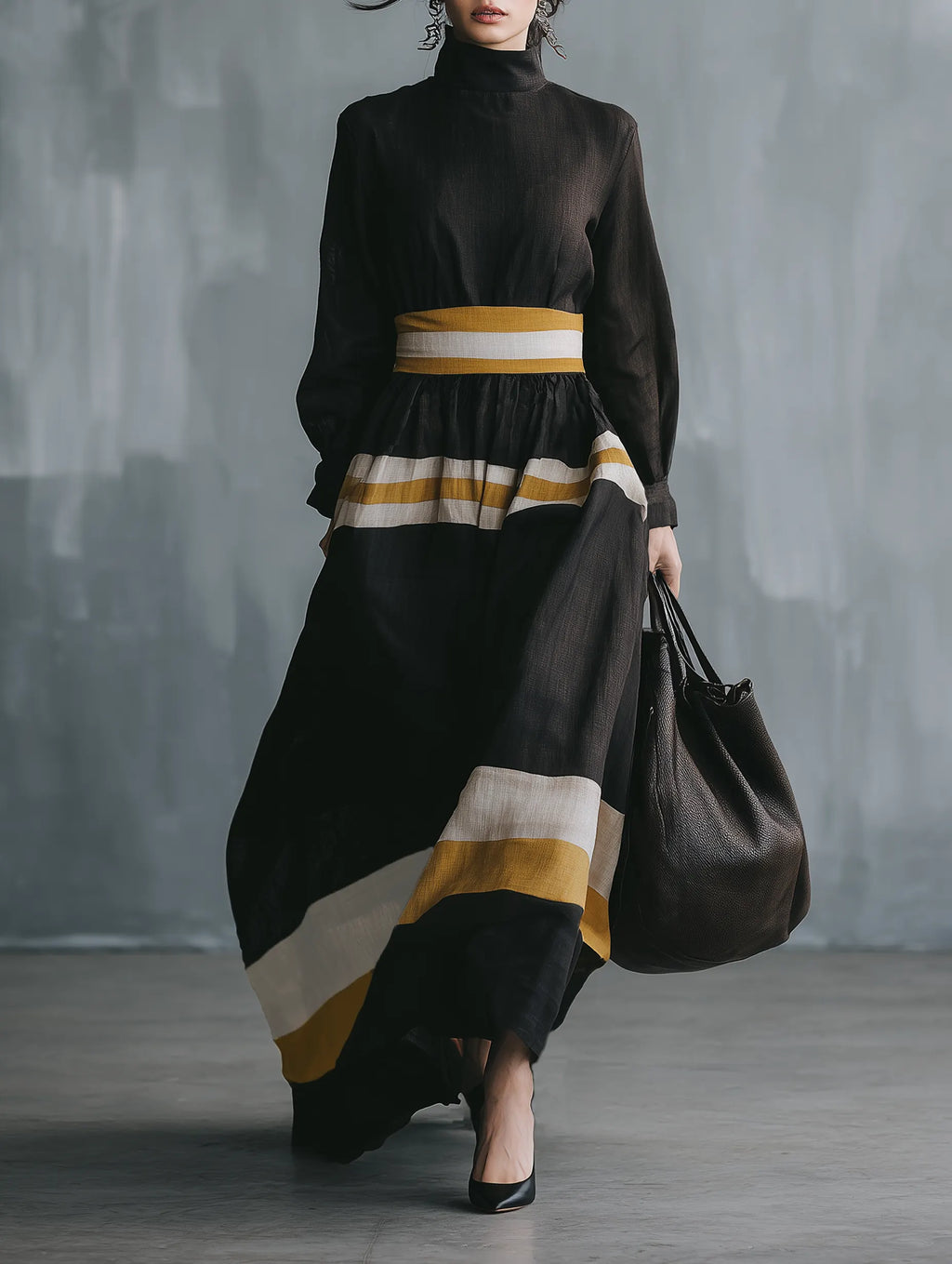 Women's Minimalist Color-Block Linen-Blend Long-Sleeve Maxi Dress With Mock Neck MDZ0872G8WY