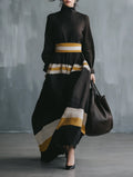 Women's Minimalist Color-Block Linen-Blend Long-Sleeve Maxi Dress With Mock Neck MDZ0872G8WY