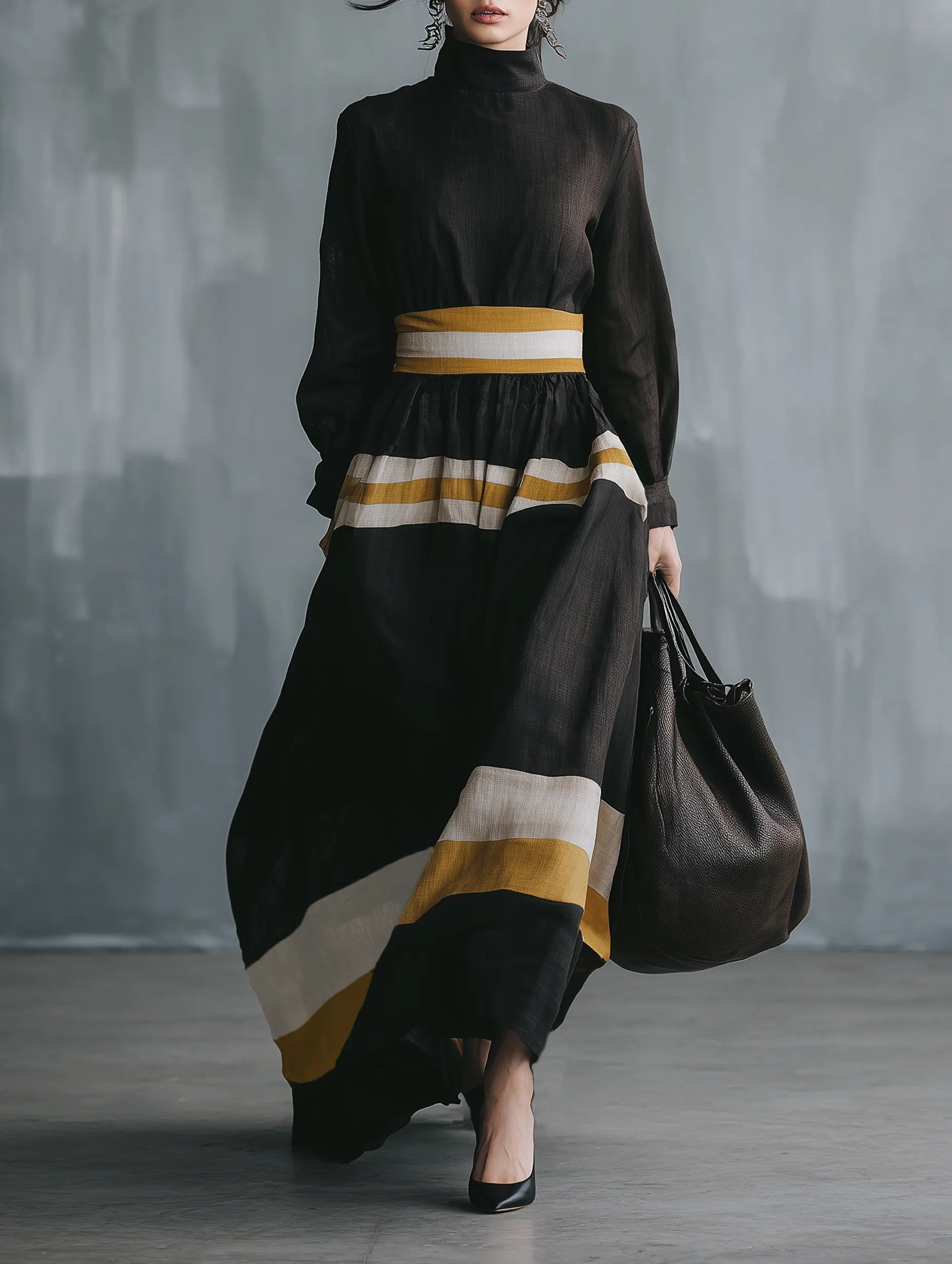 Women's Minimalist Color-Block Linen-Blend Long-Sleeve Maxi Dress With Mock Neck MDZ0872G8WY