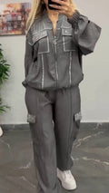 Women Round Neck Rivet Jacket+ Pants Casual Set