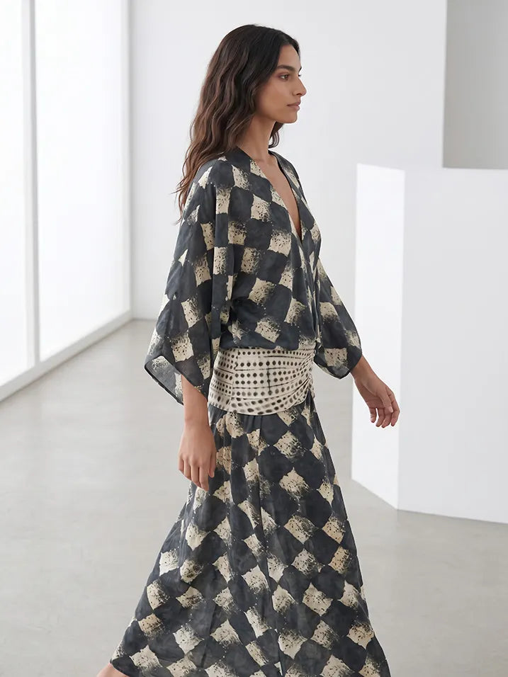 Casual Abstract Plaid Print Kimono Sleeve Maxi Dress