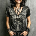 Women's Dark Style Skull Wings Spider Web Design Short-sleeve V-neck T-shirt
