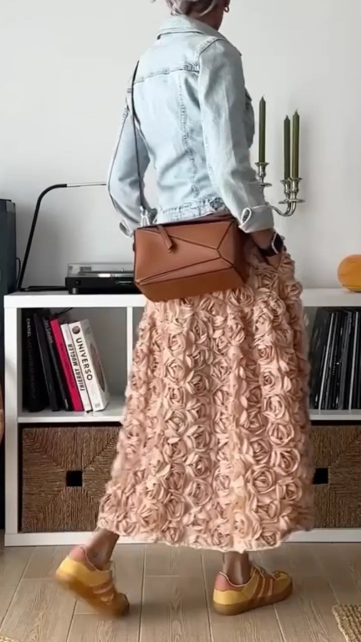 Denim Jacket & Pink Floral Skirt Outfit