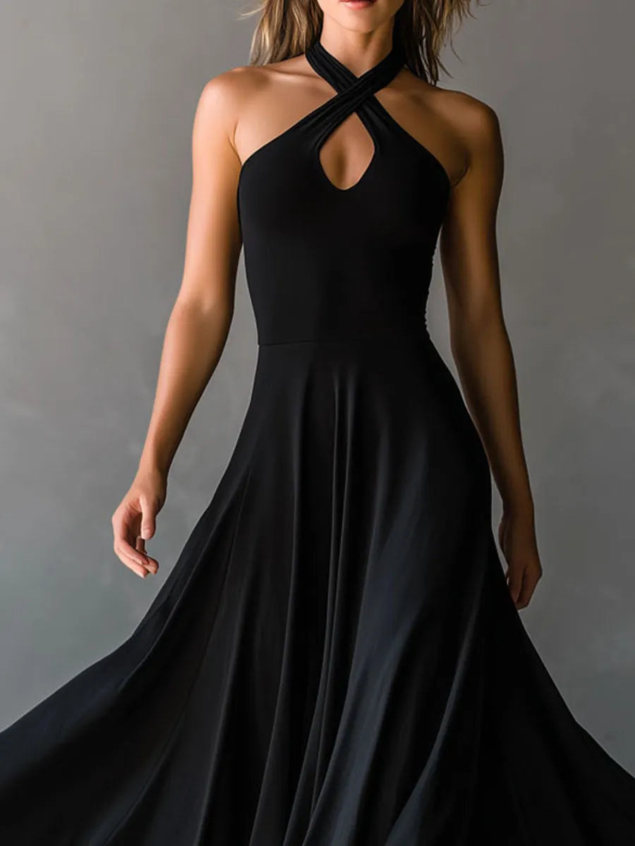 Black Halter Cross Tie-back A-Line Midi Dress