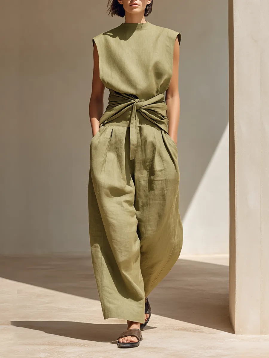 Women's Olive Green Linen Jumpsuit With Sleeveless Mock Neck & Front Waist Wrap Tie, Minimalist Resort Wide Leg Linen Jumpsuit MDZ3015F7LYL