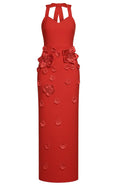 Halter Floral Gloves Maxi Dress Red