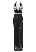 Halter Crystal Bustier Lace Maxi Dress Black