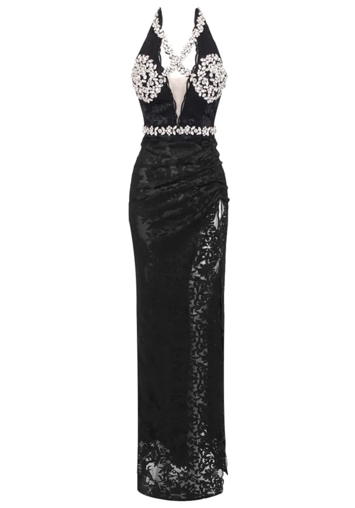 Halter Crystal Bustier Lace Maxi Dress Black