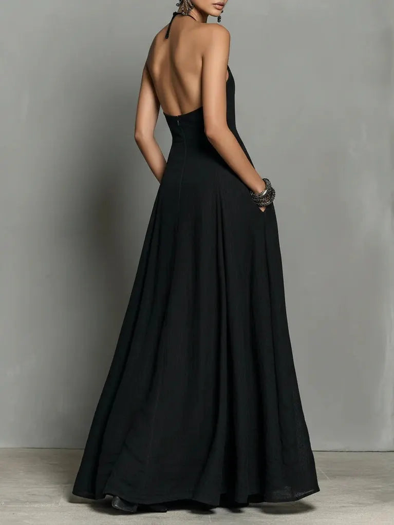 Black Minimalist Faux Linen Blend Backless Halter Neck Sleeveless Maxi Dress