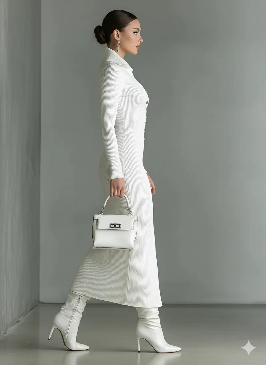 Women's White Knitted Polo Neck Slim Midi Dress MDA1329J8T