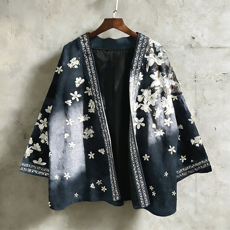 Retro Japanese Pear Blossom Pattern Casual Kimono Cardigan