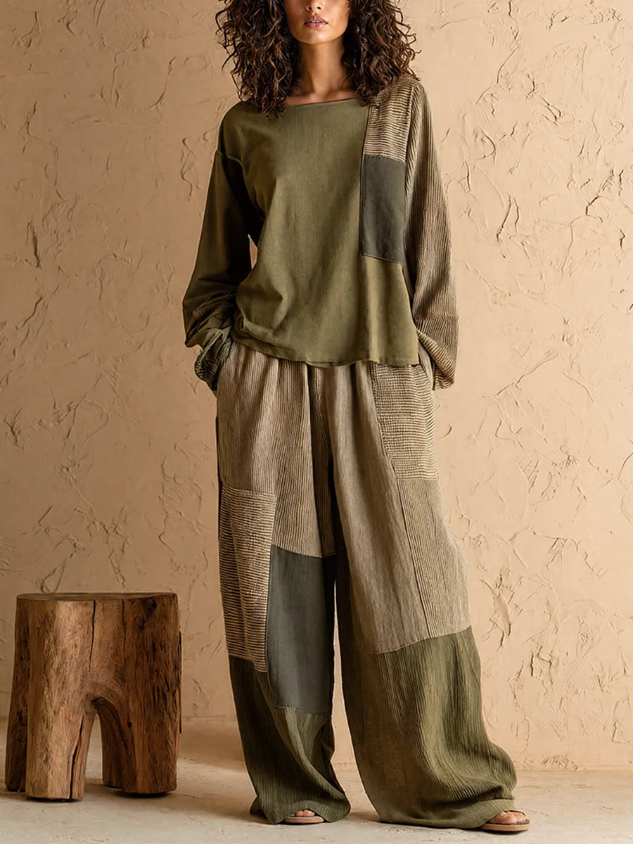 Women's Casual Vintage Army Green Cotton-Linen Patchwork Loose Round Neck Long-Sleeve Top & Wide-Leg Pants Set MDZ0982G6CMX
