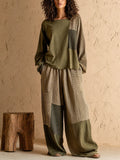 Women's Casual Vintage Army Green Cotton-Linen Patchwork Loose Round Neck Long-Sleeve Top & Wide-Leg Pants Set MDZ0982G6CMX