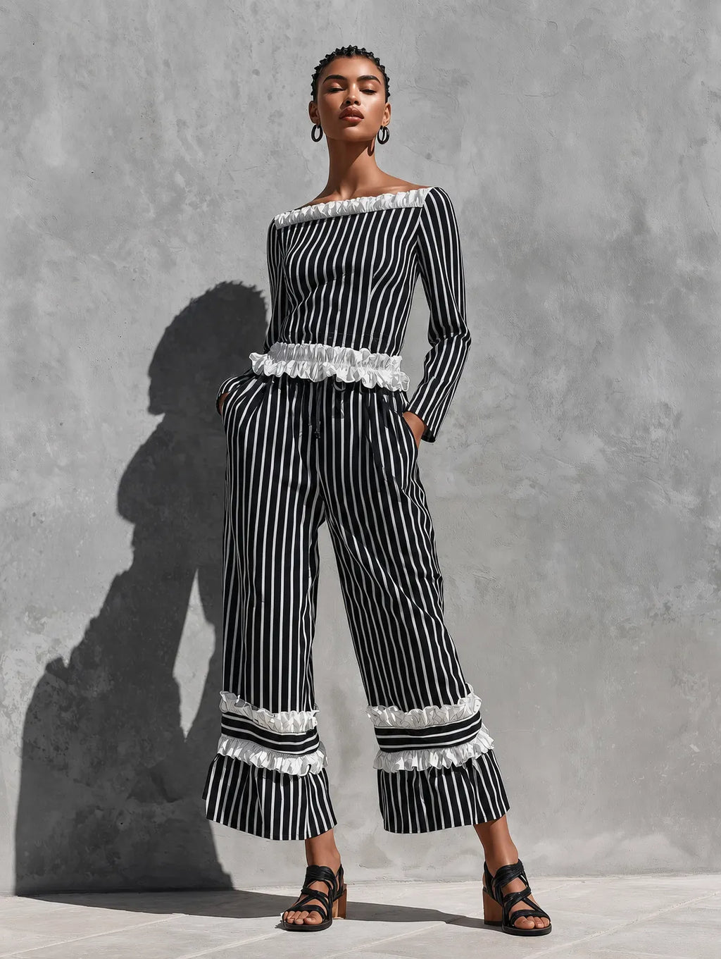 Women's Black White Vertical Stripe White Ruffle Trim Off Shoulder Long Sleeve Top Drawstring Waist Tiered Ruffle Capri Wide Leg Pant Two Piece Set MDZ2054G3YZJ