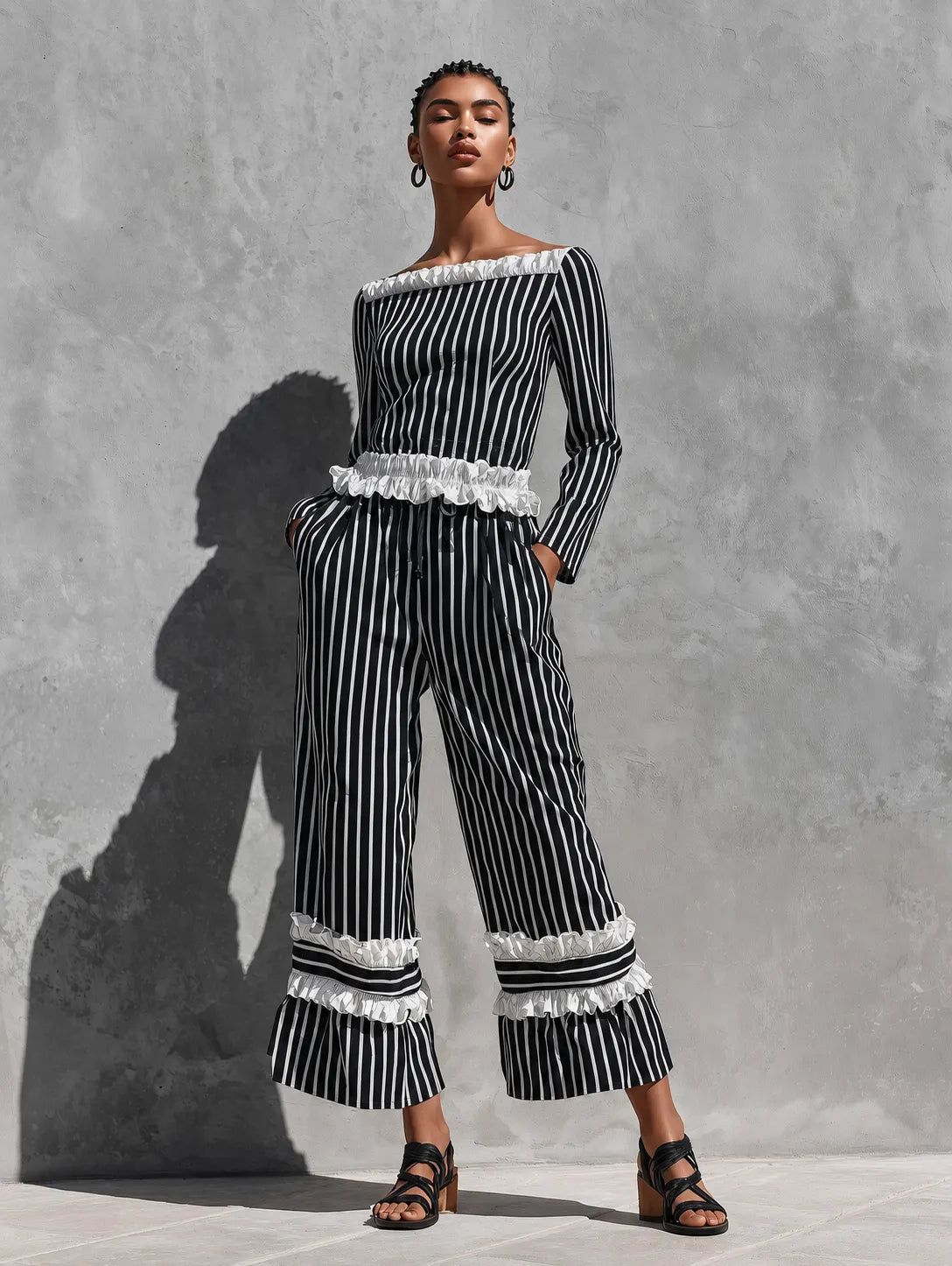 Women's Black White Vertical Stripe White Ruffle Trim Off Shoulder Long Sleeve Top Drawstring Waist Tiered Ruffle Capri Wide Leg Pant Two Piece Set MDZ2054G3YZJ