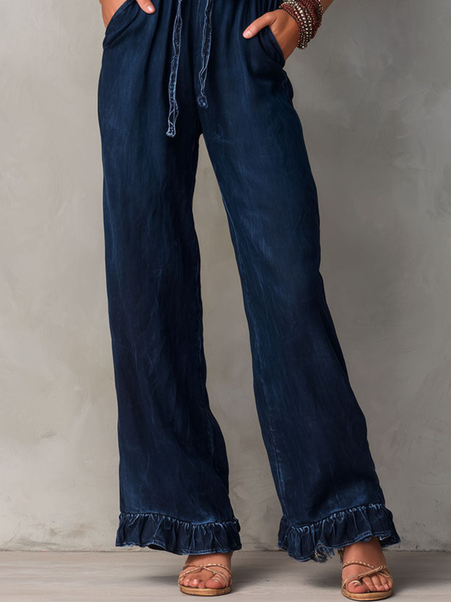 Boho Navy Denim Smocked Ruffle Strap  Wide-Leg Jumpsuit