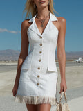 Retro Western White Collared Front Buttoned Tassel Sleeveless Mini Dress