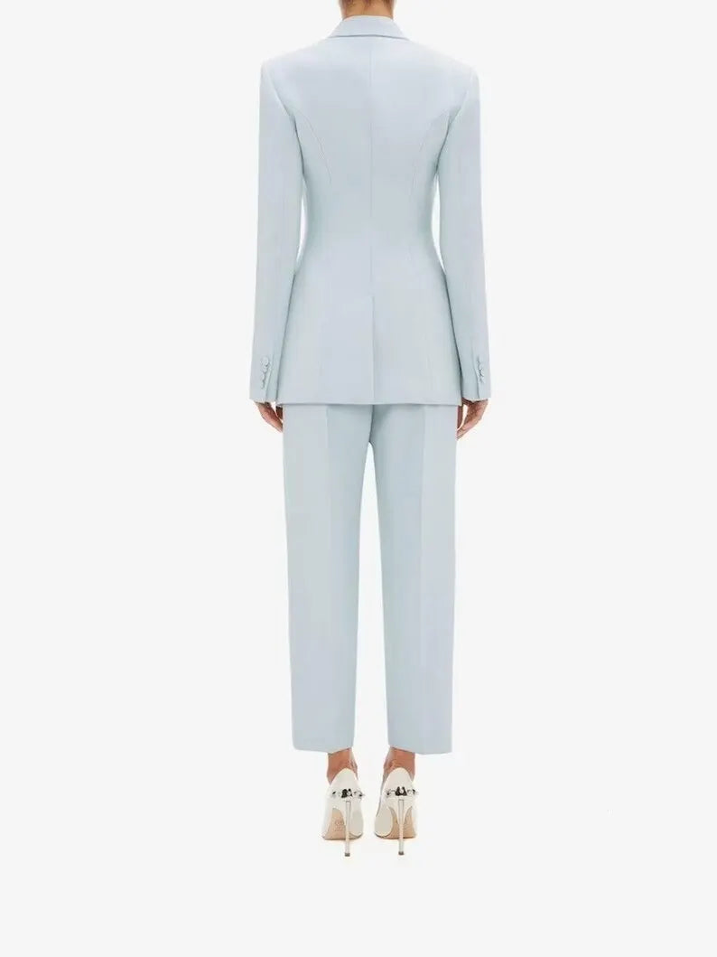 Women Designer 2 Piece Suit In Sky Blue Colour. Custom Made Slant Pockets Peak Lapel Wedding Bridesmaid Cocktail Dinner Party Prom Wear