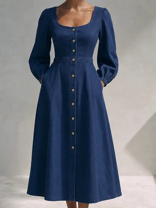 Women's Modern Navy Blue Cotton Linen Blend Square Neck Puff Sleeve Button-Front A-Line Midi DressMDZ2090G6ZSQ
