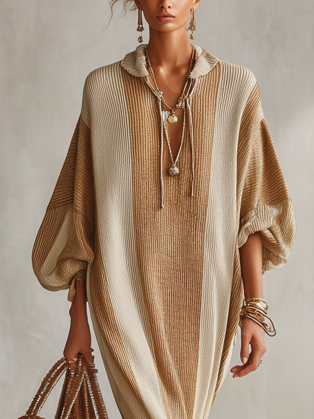 Khaki Color Block Knit Maxi Dress