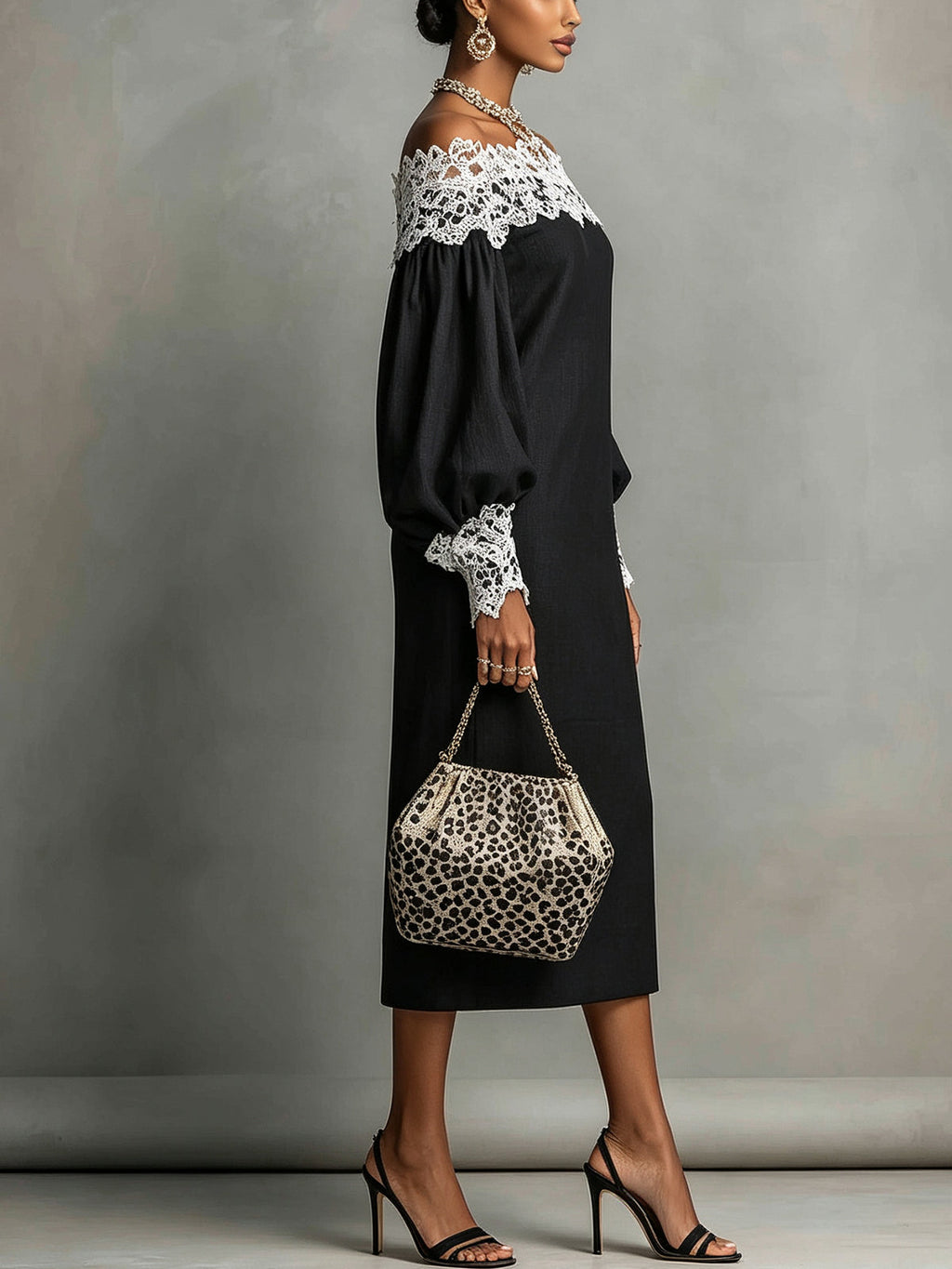 Off-Shoulder Black Lace Trim Midi Dress