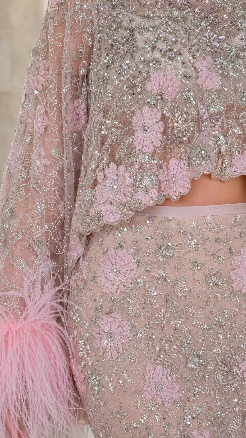 Embellished Two-Piece Feather Trim Crop Top and Maxi Skirt Set