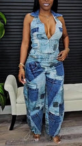 Women Collared Top and Pants Casual Patched Denim Outfit