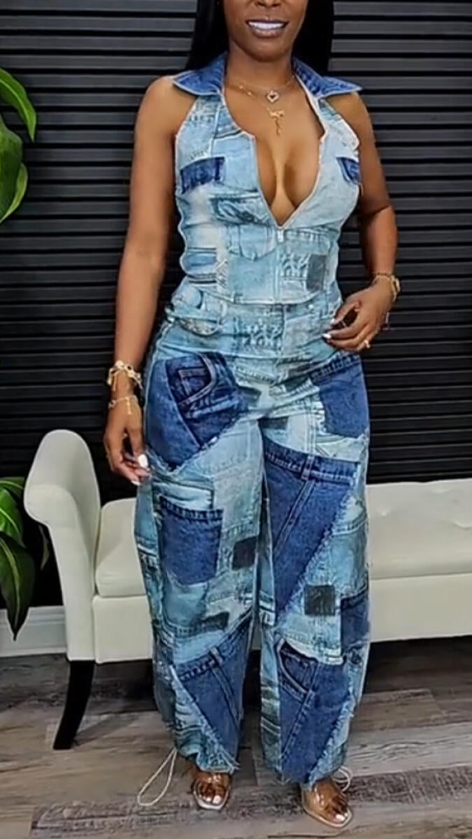 Women Collared Top and Pants Casual Patched Denim Outfit