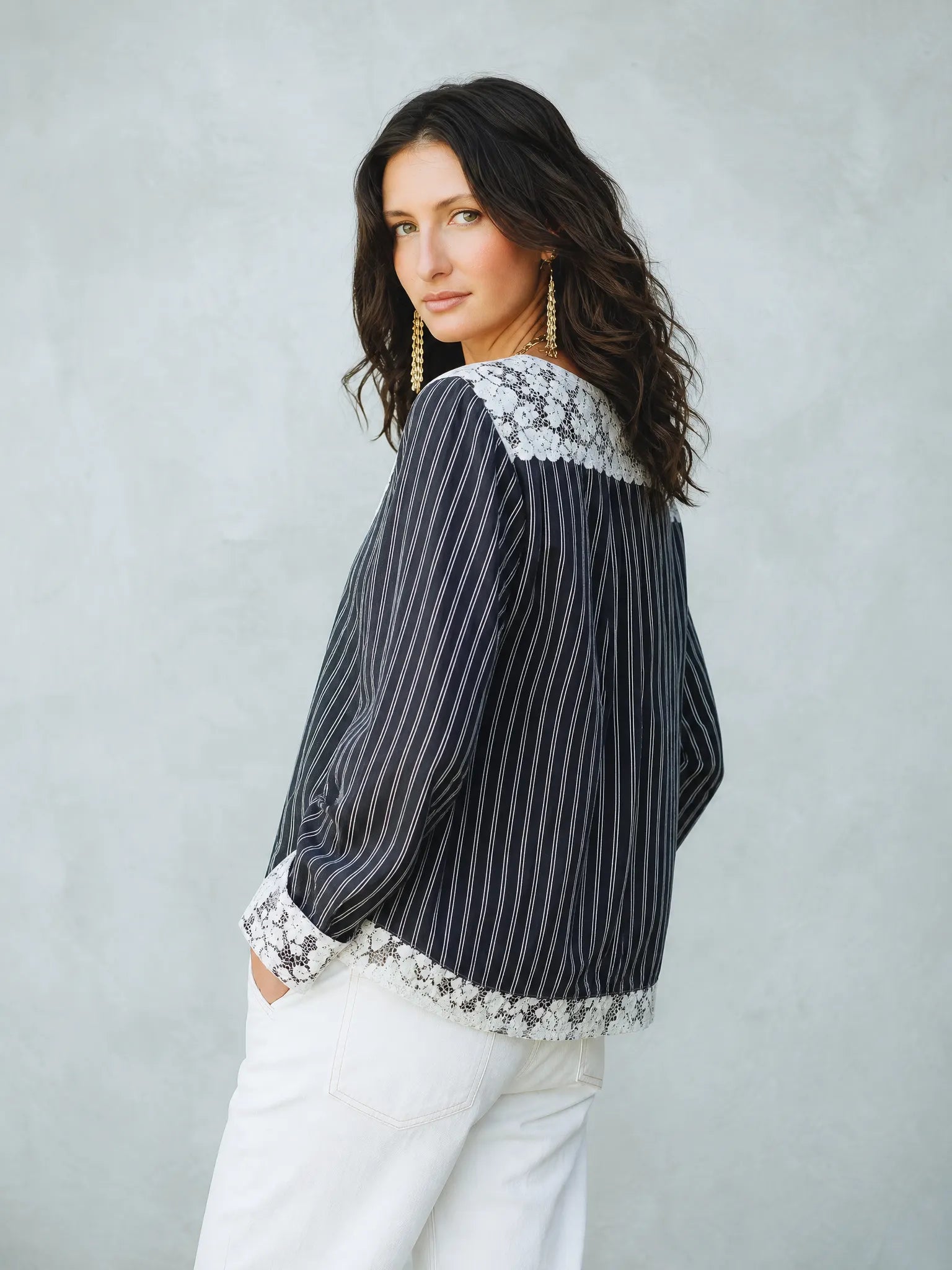 Elegant Black Lace Trim Striped Blouse