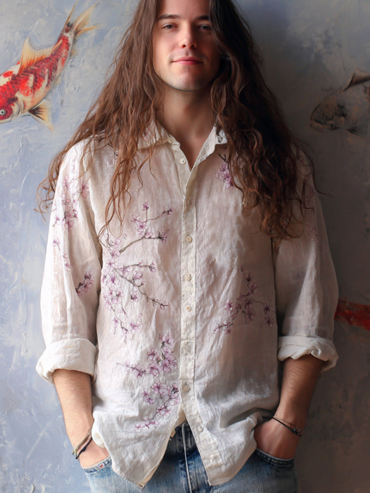 Men's Japanese Powder Purple Cherry Blossom Button-down Shirt