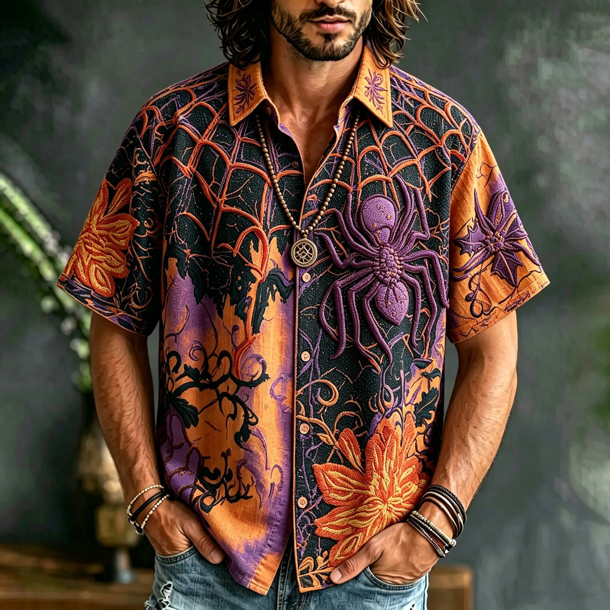 Retro Hippie Purple Spider Embroidery Camp Collar Shirt