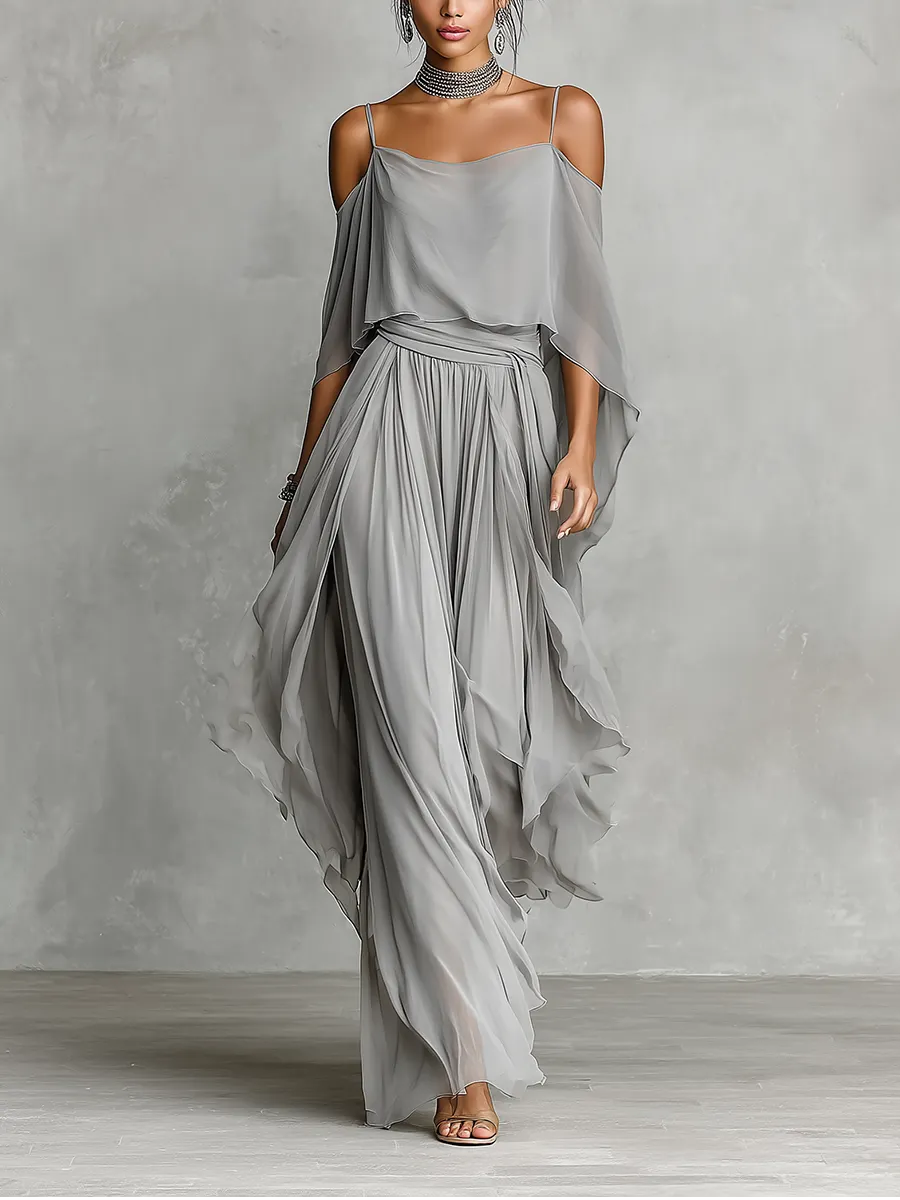 Women's Grey Breathable Chiffon Set With Cold-Shoulder Detail & Flared Silhouette, Contemporary Luxury-Feminine Style Set MDZ2651B6I