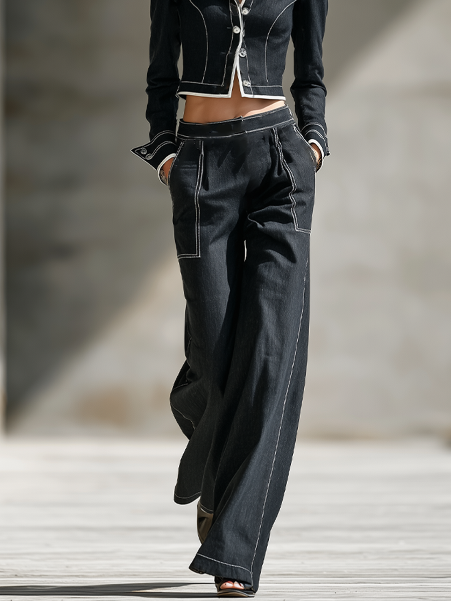 Women's Black Cotton Blend Two-Piece Set With White Contrast Stitch Crop Jacket & High Waist Wide Leg Trousers, Minimalist Retro Street Matching Outfit MDZ1565G3LYL