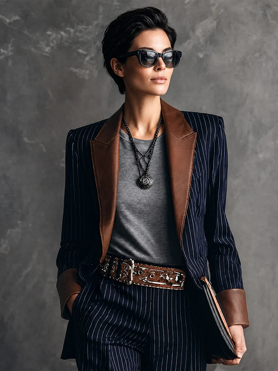 Women's Vintage-Style Navy Striped Cotton-Blend Blazer With Brown Leather-Look Contrast Collar MDZ1745G3GMJ