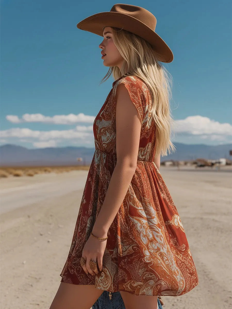 Retro Western Rust-Red Printed Chiffon Sleeveless Mini Dress