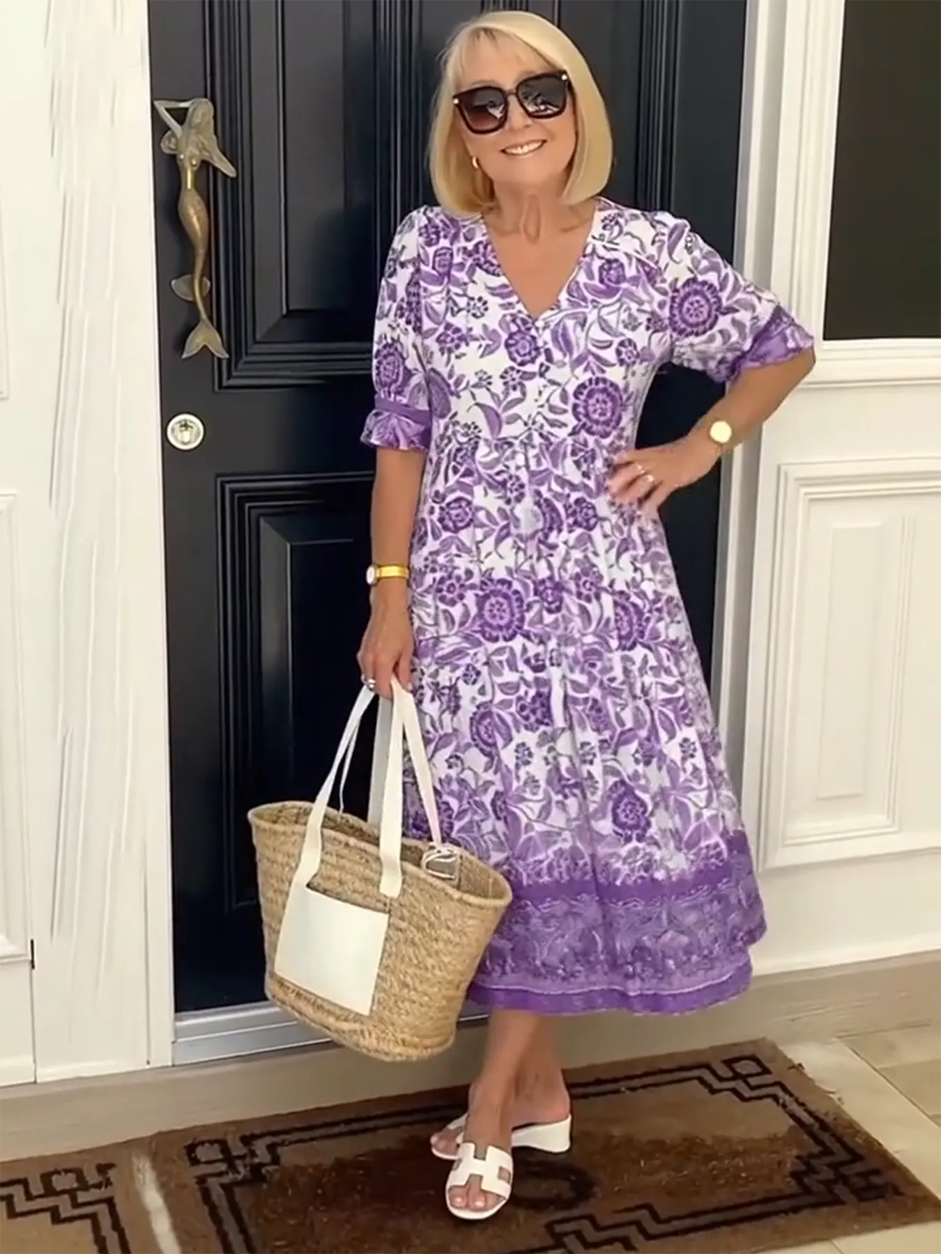 Boho Deep V Half Sleeve Dress Loose Floral Skirt Vacation Dress