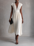 Women's Elegant Ivory Pleated Deep V-Neck Cap Sleeve Wide Waistband Flowy Midi Dress MDZ0392G2O