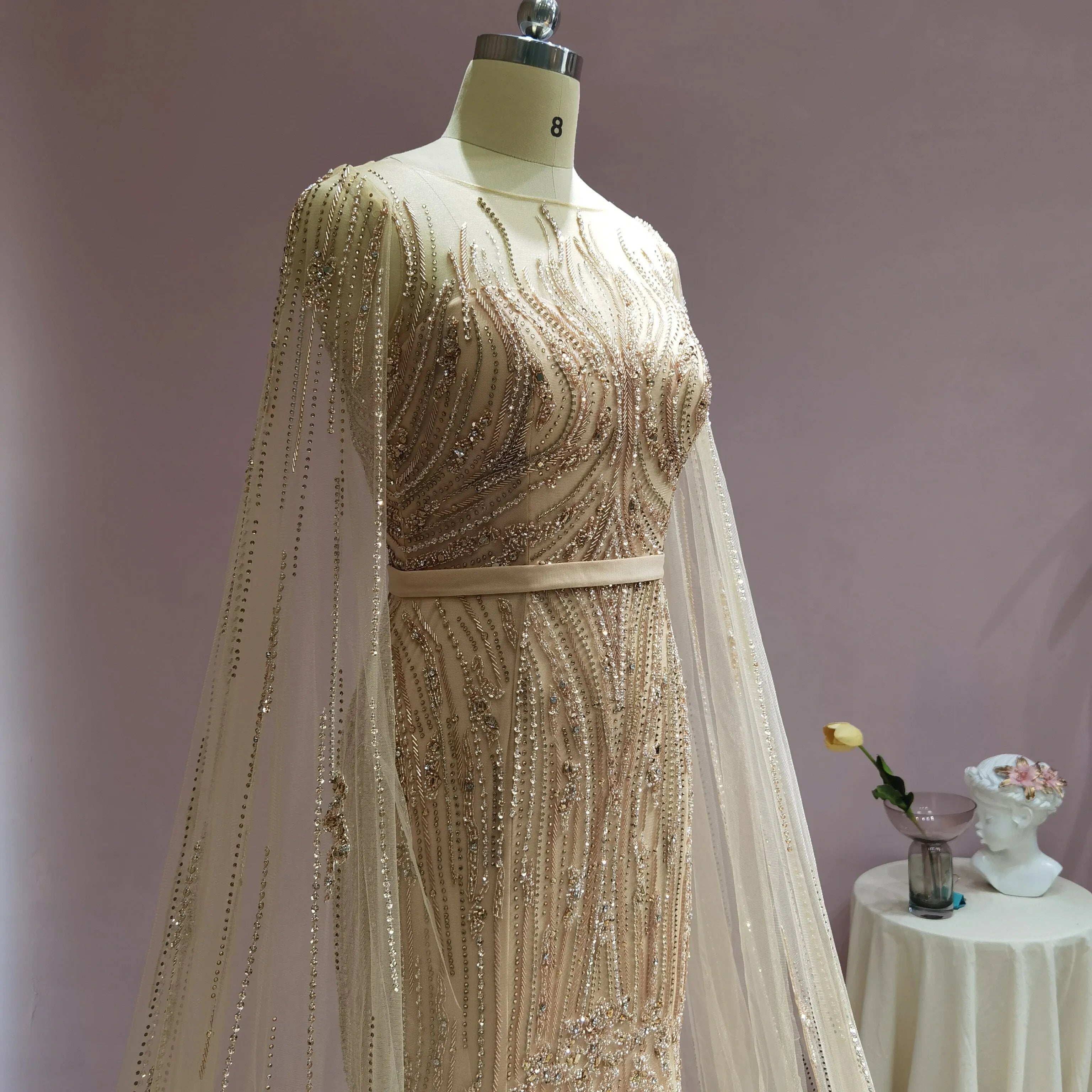 Dreamy Vow Luxury Dubai Pink Mermaid Evening Dress with Cape Sleeve Arabic Gold Formal Dresses for Women Wedding Party 024